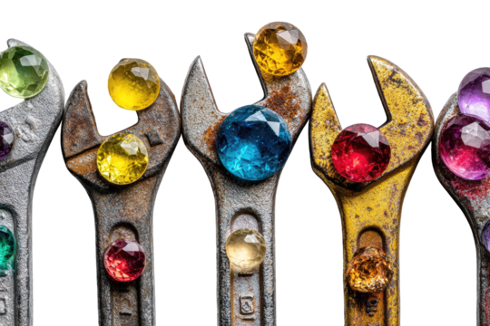 Colorful Gemstone Wrenches on Black Background