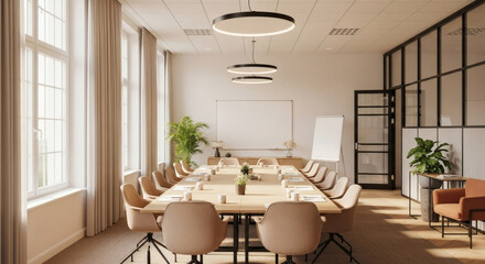 Bright and modern professional conference room designed for productive business meetings, collaborative discussions, and corporate presentations in a contemporary, well-lit environment.