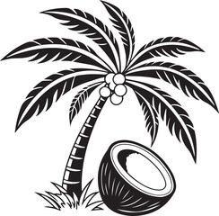 Coconut Palm Tree Vector Illustration with Tropical Leaves and Fruits – Black and White Nature Design