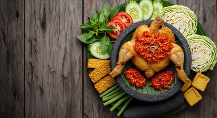 Ayam Penyet on stone mortar with sambal, tempe and tofu, rustic wood background