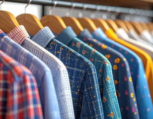 Fototapeta premium A close-up view of neatly arranged shirts on wooden hangers, showcasing vibrant textures and patterns, highlighting style and organization within the fashion retail space.