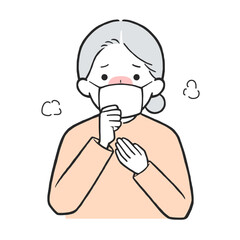 Elderly Woman with Mask Coughing and Fever Illustration for Cold, Flu, and Infection Prevention