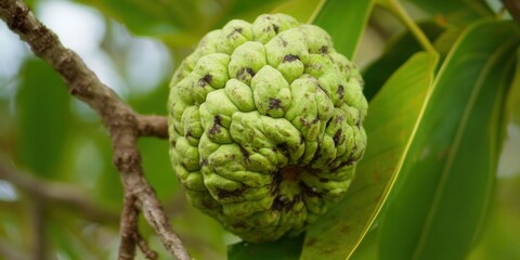 Fototapeta premium A close-up shot of a delicious, ripe custard apple, a tropical fruit, on a branch.