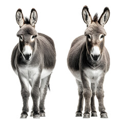 Two donkeys front and back view white isolated background image, clear detail and natural light, simple clean look simple style clean look soft tone calm mood minimal style natural light clear focus h