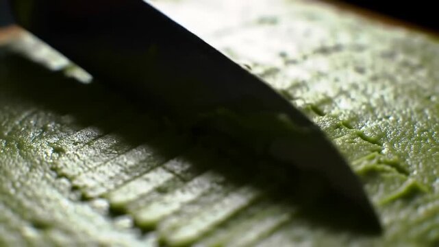 Closeup of green substance being cut A knife slices into the block Horizontal parallel cuts are visible Dark background