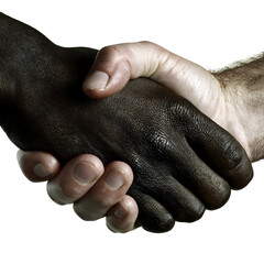 Fototapeta premium Interracial handshake representing diversity, equality, and partnership. Two hands, one black and one white, are united in agreement