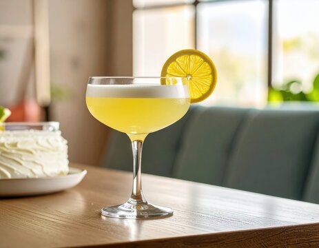 Close up of cocktail served in glass decorated with lemon peel on the table.
