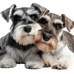 Two Schnauzer dog couple in love white isolated background image, clear detail and natural light, simple clean look simple style clean look soft tone calm mood minimal style natural light clear focus.