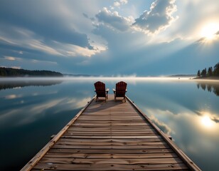 Tranquil Dock with Chairs Over Calm Water