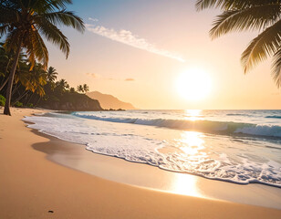 A serene beach scene at sunrise, featuring palm trees, golden sand, and ocean waves.