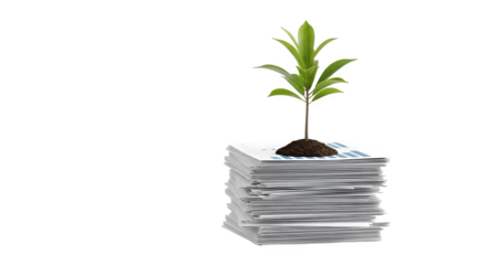 Small green plant growing from a stack of paper isolated on transparent background, symbolizing growth, sustainability, and environmental awareness