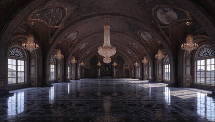 Fototapeta premium An opulent hall with a high, arched ceiling adorned with intricate designs and multiple chandeliers. The floor is polished and reflective, and large arched windows allow streams of light to illuminate