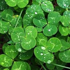 Dewy clover leaves close-up