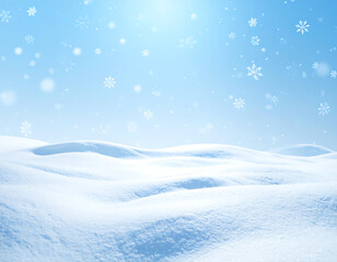 A serene winter landscape featuring softly rolling snow-covered hills under a light blue sky with falling snowflakes.
