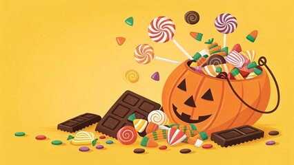 Fototapeta premium Spooky Halloween Jack o lantern Candy Corn Chocolate Lollipop Treat Illustration