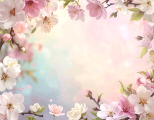 Obraz premium Floral frame with pink and white blossoms, soft pastel background, creating a delicate and dreamy border.