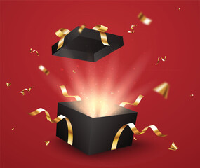 Elegant Opening Black gift boxes with golden confetti and ribbons, on red backgrounds