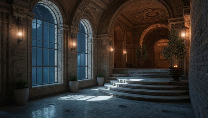 Fototapeta premium A grand, elegant interior features a series of large arched windows allowing soft light to illuminate the space. The room has ornate walls and a set of curved stone steps leading to an elevated area. 