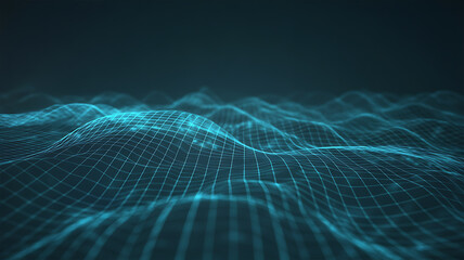 Abstract Blue Digital Landscape of Wireframe Waves and Grid technology data