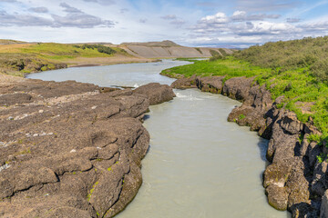Ravin de Brúarhlöð, depuis l'étroit pont sur la rivière Hvítá, en aval de la cascade de Gullfoss