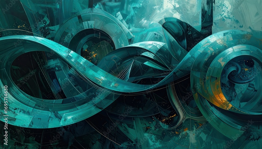 Poster intricate teal and gold abstract design swirls in a complex, interconnected composition.