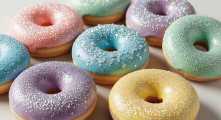 Assorted Pastel Donuts with Glitter Topping Sweet Treat.
