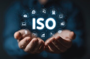 Hands holding ISO standards, surrounded by digital icons