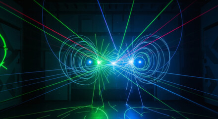 Abstract Laser Light Show with Glowing Lines and Spirals.