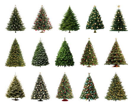 PNG Variety of decorated Christmas trees, element set on transparent background