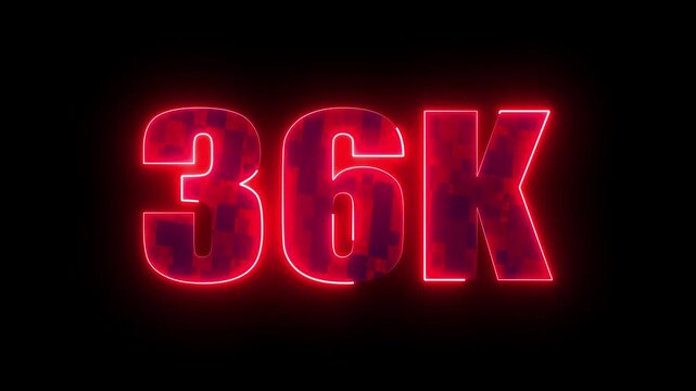 36k glowing neon number, modern red typography milestone design for digital subscribers celebration, online social media growth and community success