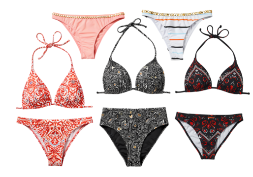 Collection of Womens Bikinis Red Black and Peach Prints Various Styles Flat Lay isolated on transparent background