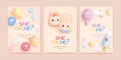 He or she. Boy or Girl. Set of cartoon gender reveal invitation template. Vertical banner with realistic toys and helium balloons. Vector illustration