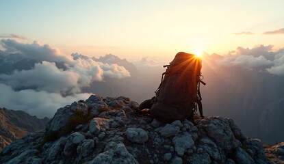A cinematic wide-angle photograph of a hiker’s backpack resting on a rocky mountain summit, clouds and distant peaks in the background, golden sunrise light illuminating the scene