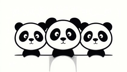 Naklejka premium Cute Panda Trio Black and White Graphic Illustration on White Background