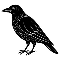 Bold linocut style illustration of a crow with strong graphic lines and a striking silhouette