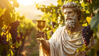 A sculpted bust of a bearded figure, holding a golden chalice, is nestled among lush grapevines. Sunlight bathes the scene, creating a warm, inviting atmosphere. 
