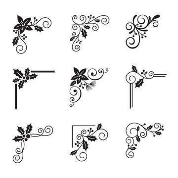 Christmas corner frames vector illustration set features decorative holiday frames with flourishes, swirls, poinsettias, and holly berries.