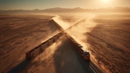 Two freight trains meet at a crossroads in a vast, dusty desert landscape at sunrise.