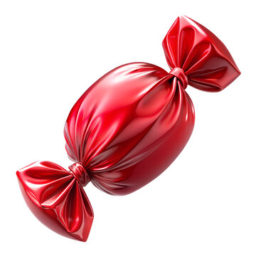 3d illustration of a shiny, metallic red candy wrapper with twisted ends, isolated on a transparent background