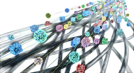 Abstract 3d render of colorful spheres and cubes flowing along lines on a transparent background, representing data streams