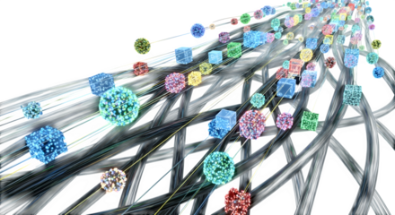 Abstract 3d render of colorful spheres and cubes flowing along lines on a transparent background, representing data streams