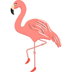 Whimsical illustration of a pink flamingo standing on one leg and wearing red high heels. This fun and stylish cartoon design is perfect for children’s projects, summer party invitations