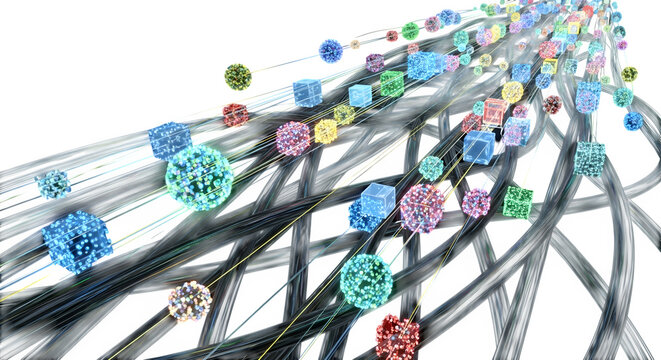 Abstract 3d render of colorful spheres and cubes flowing along lines on a transparent background, representing data streams