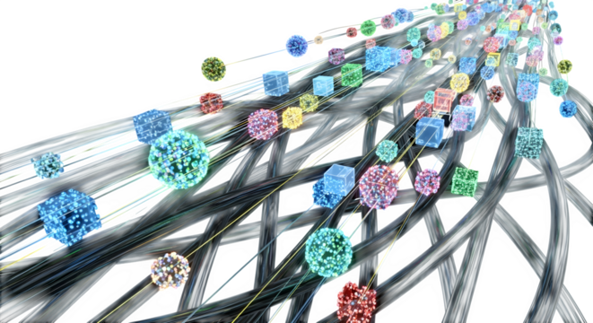 Abstract 3d render of colorful spheres and cubes flowing along lines on a transparent background, representing data streams - Powered by Adobe