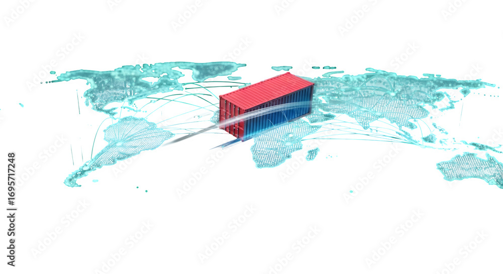 Poster global trade and shipping concept with a cargo container moving across a world map, isolated on tran