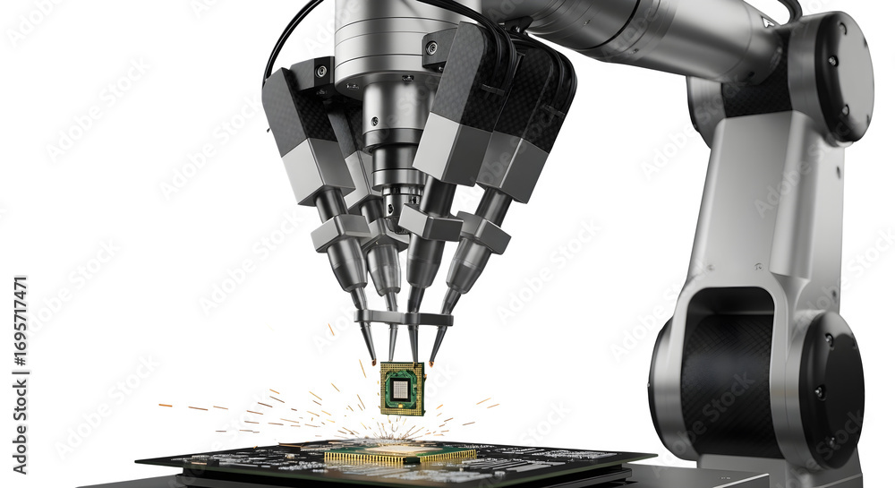 Aufkleber robotic arm assembling a microchip on a circuit board, isolated on transparent background illustrate