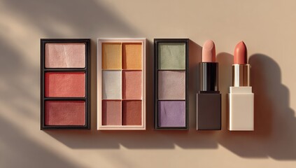 Flatlay of makeup products, blush, eyeshadow palettes, and lipstick in various shades