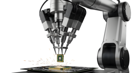 Robotic arm assembling a microchip on a circuit board, isolated on transparent background illustrates automation and precision manufacturing