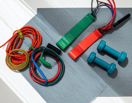 Flat lay of resistance bands and small weights on mat