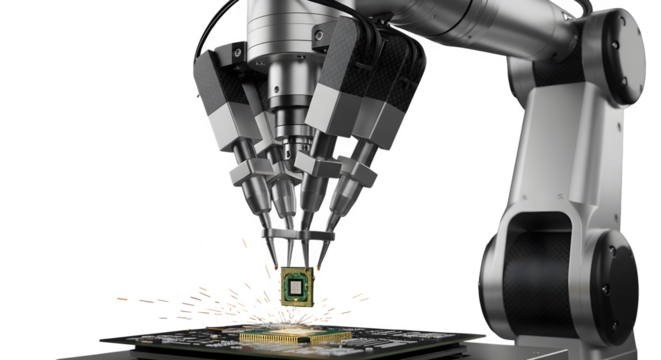 Robotic arm assembling a microchip on a circuit board, isolated on transparent background illustrates automation and precision manufacturing